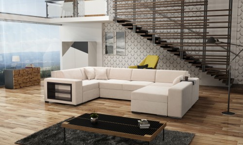 Rozkładany narożnik Cocomo K8 z półkami w boczku (196 x 329 cm)